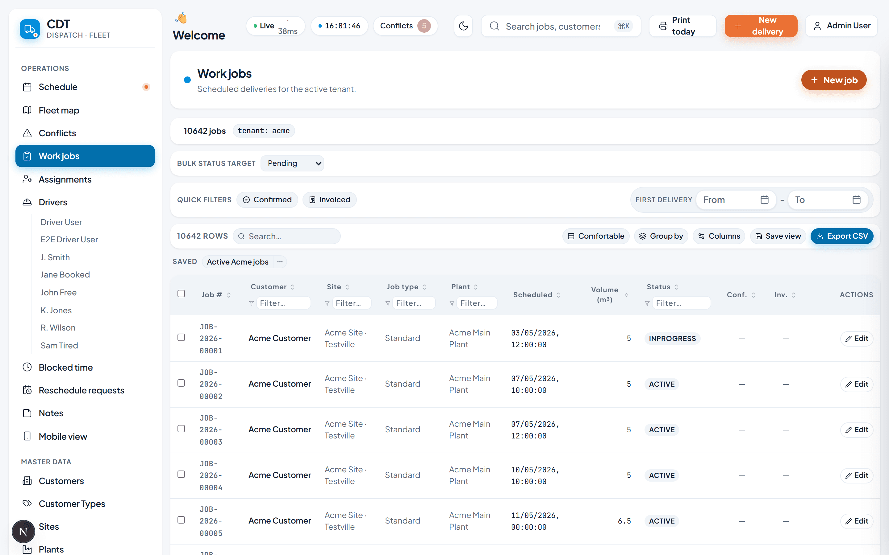 Work jobs — every delivery, filtered and exportable